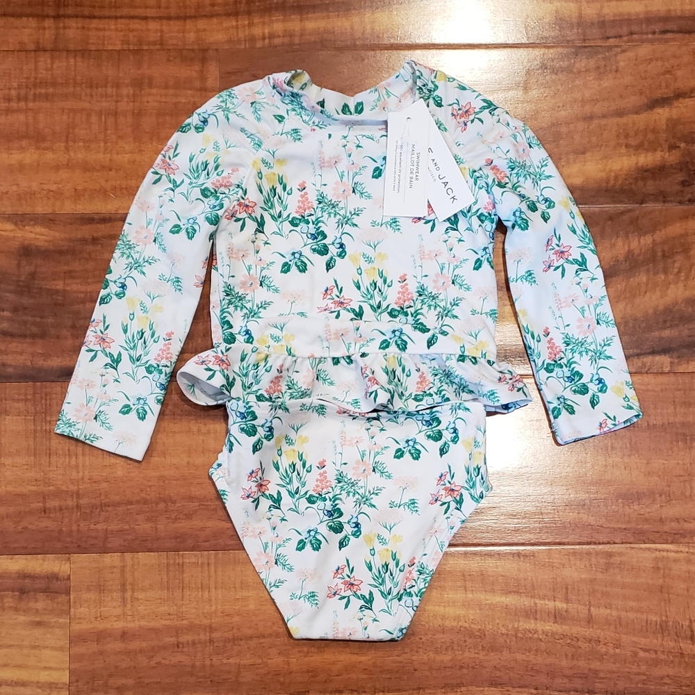 Janie and Jack NWT 12-18 months green floral 2-piece rashguard swimsuit